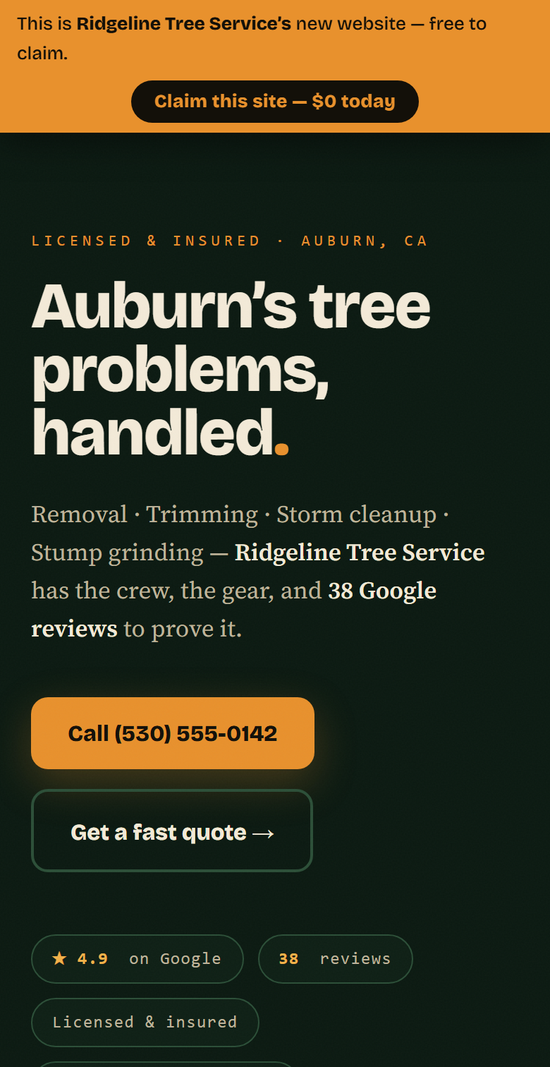 A sample one-page contractor website built by Steelyard Systems, shown on a phone